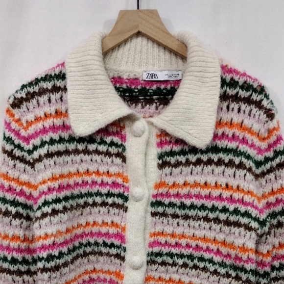 Zara Rainbow Striped Knit Sweater Cardigan Women's S Multicolor Artsy Retro 90s - Picture 3 of 10